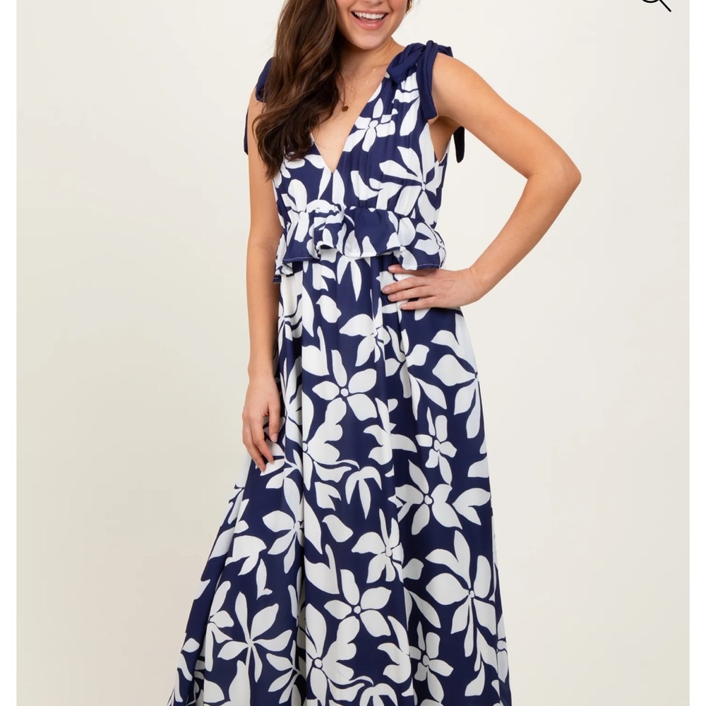 Flying Tomatoes Navy Floral Deep V-Neck Shoulder Tie Maxi Dress Maternity
